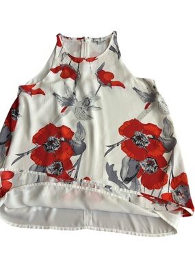Katherine Barclay White Tank blouse with Red Floral Print,lined,open back XS EC